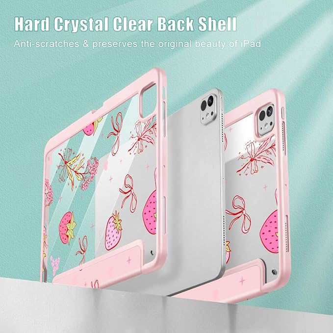 May Chen for iPad Pro 13 Inch Case M5 2025 / M4 2024, Built Pencil Holder & Clear Transparent Print Back Shell Slim Stand Shockproof Tablet Cover, Auto Wake/Sleep, Strawberry Bow