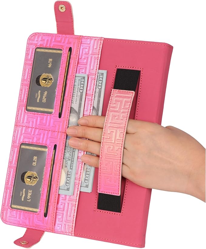 Shiny Case for iPad Pro 12.9" 6th/5th/4th Gen & iPad Air 13-inch Handbag w/Hand Strap, Techcircle Crossbody Iridescent Folio Stand Wallet Case w/Pencil Holder+Shoulder Strap, Shiny Rose Pink
