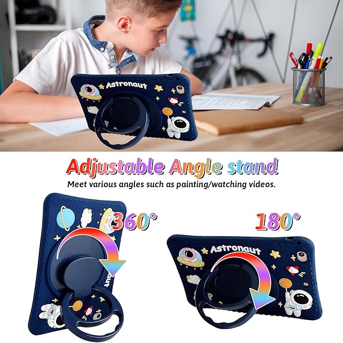 Dteck for iPad Pro 11 Case 2022/2021/2020/2018,iPad Air 5/4 Case,Cute Cartoon 3D Unique Rotating Handle Stand Shoulder Strap Soft Silicone Funda Rugged Shockproof Protective Kid-Proof Case,Spaceman