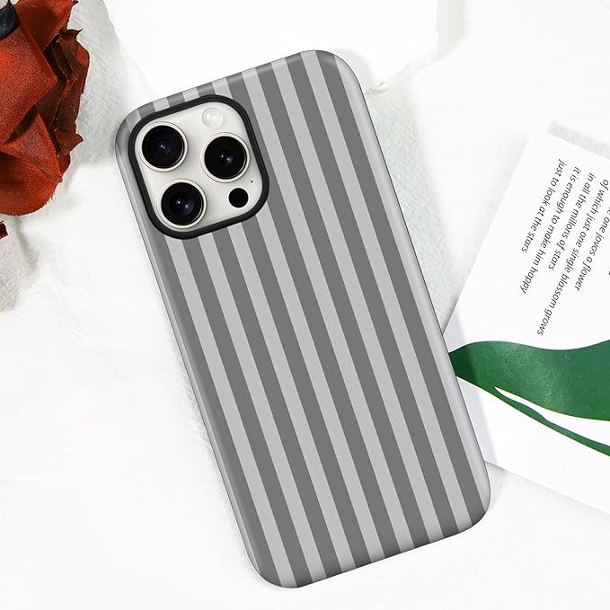 Magnetic for iPhone 15 Case Cute Stripes Phone Case, Shockproof Slim TPU and Hard PC Protective Phone Cover Compatible with MagSafe Designed for Women Girls, Gray