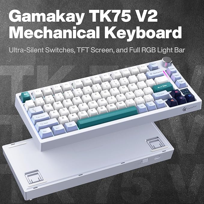 GK GAMAKAY TK75 V2 75% Silent Mechanical Keyboard with TFT Screen, Hot Swap RGB Bluetooth 5.0/2.4GHz Wireless/USB-C Wired PBT Cherry Profile Keycaps Gaming Keyboard (GamaKay Phoenix Switch)