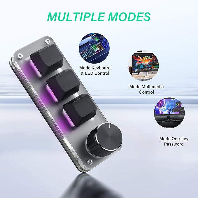 SinLoon Mini Programmable Mechanical Keyboard with 3 Keys & 1 Control Knob for Macro Shortcuts | PC Setup for Multi-Device Use | Portable, Hot-Swappable Macro Keyboard for Gaming, Office, Bea