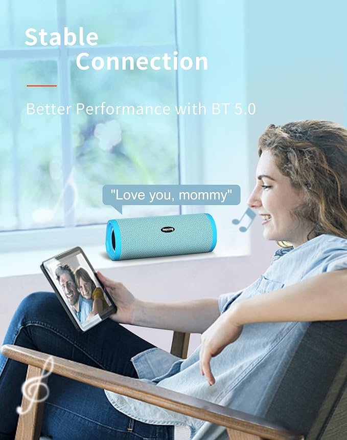 HEYSONG Portable Bluetooth Speaker, Waterproof Wireless Shower Speakers with Good Bass, IPX7 Floating, 5000mAh, TF Card, Loud Sound for Beach, Pool, Kayak Accessories, Gifts for Women, Girl-Sky Blue