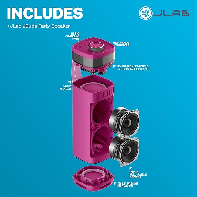JLab JBuds Party Portable Bluetooth Speaker, 2 Full-Range Drivers + 2 Passive Woofers, IP56 Waterproof, 12 Hours Playtime, Connect Multiple Speakers, Custom Sound + RGB Lighting via App, Mulberry