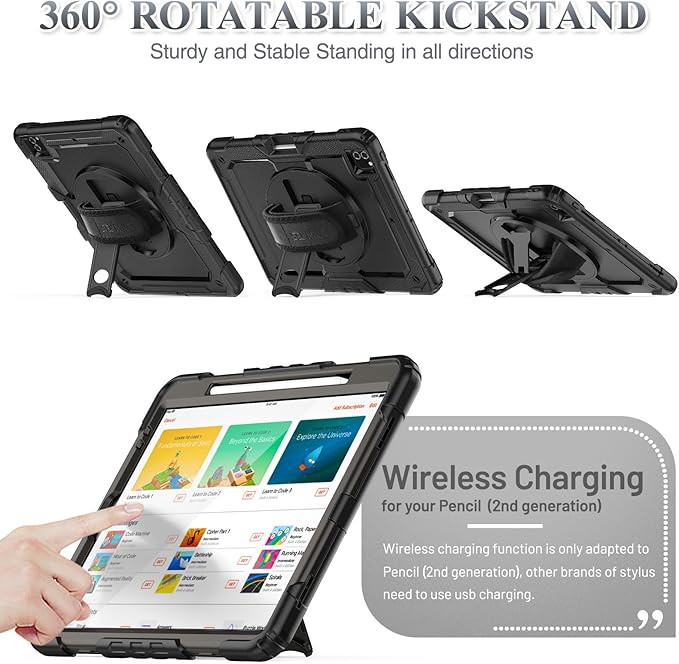 SEYMAC stock Case for iPad Pro 12.9'' 2022/2021/2020/2018 with Screen Protector 360 Rotating Stand Hand Strap, Drop-Proof Case for iPad Pro 12.9''(6th/5th/4th/3rd Generation), Black