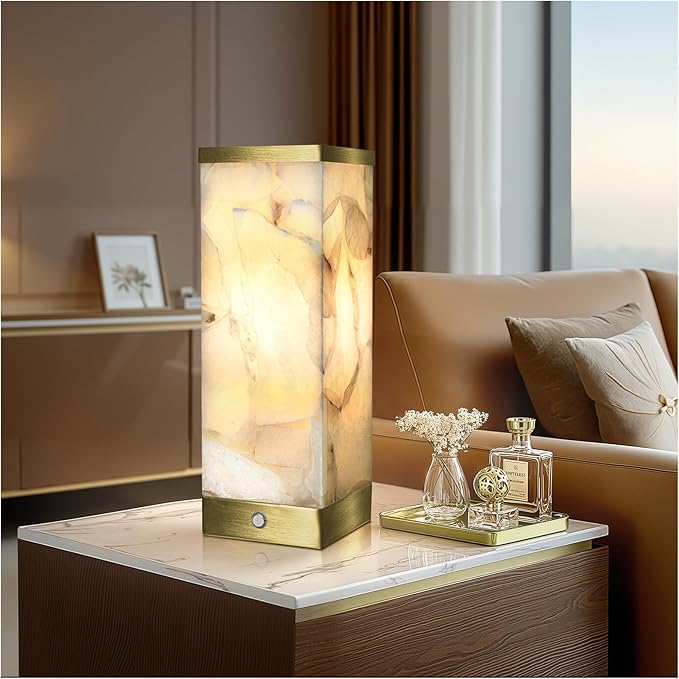 Scenekoy Alabaster Rechargeable Table Lamp for Living Room Bedroom Nightstand, Portable Battery Operated LED Bedside Lamp, Cordless Night Light for Home Office Dorm Desk Decor (Bulb Included)