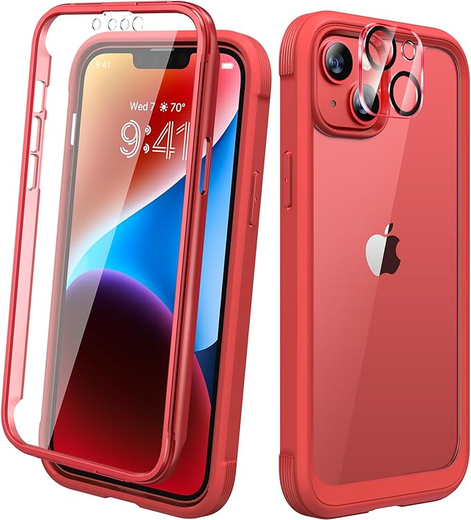 Diaclara Designed for iPhone 14 Case, Full Body Rugged Case with Built-in Touch Sensitive Anti-Scratch Screen Protector, with Camera Lens Protector for iPhone 14 6.1" (Red and Clear)