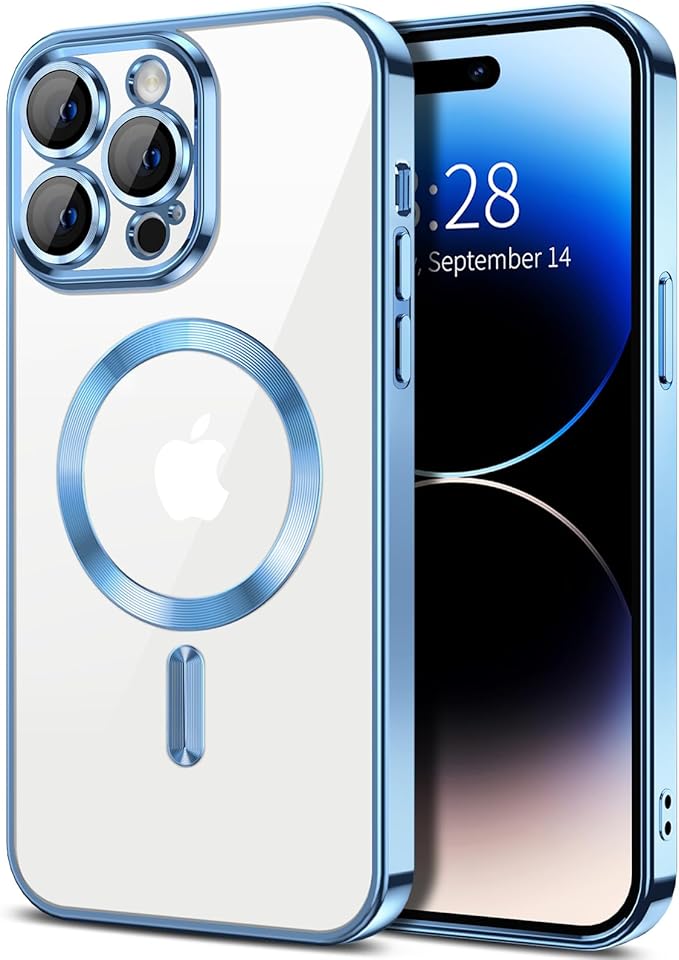 Hython Magnetic Clear for iPhone 14 Pro Case with Camera Lens Protector [Compatible with MagSafe] Luxury Plating Edge Slim Soft TPU Cover Protective Phone Case for iPhone 14 Pro 6.1", Light Blue