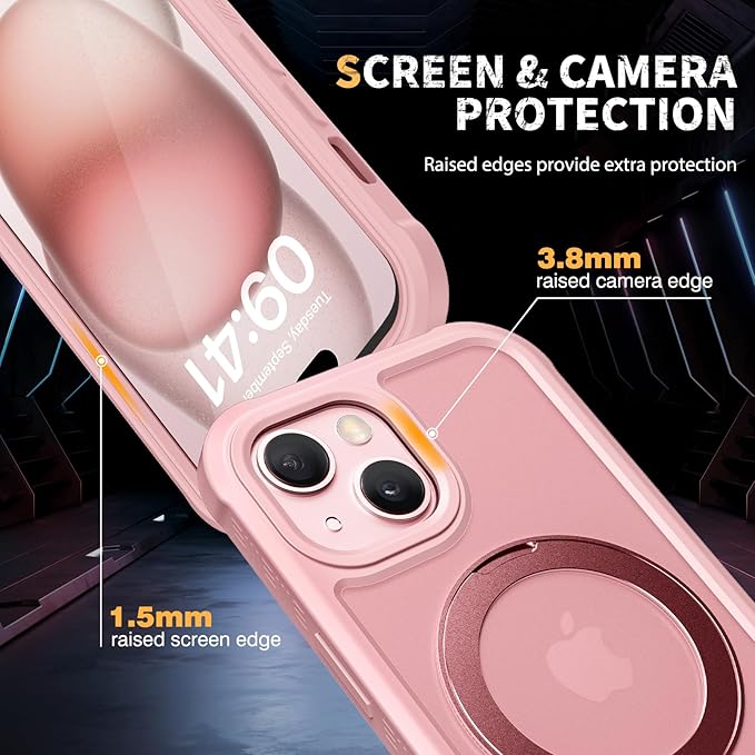 Diaclara Designed for iPhone 15 Plus Case 6.7'', Translucent Matte Back Slim Shockproof Full Body Rugged Case w/Built-in Screen Protector+Ring Stand,Black