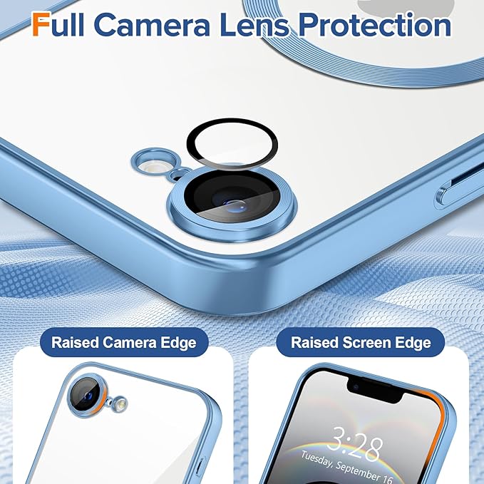 Hython Magnetic Clear for iPhone 16e Case with Camera Lens Protector [Compatible with MagSafe] Luxury Plating Edge Slim Soft TPU Cover Protective Phone Case for iPhone 16e 6.1", Matte Light Blue