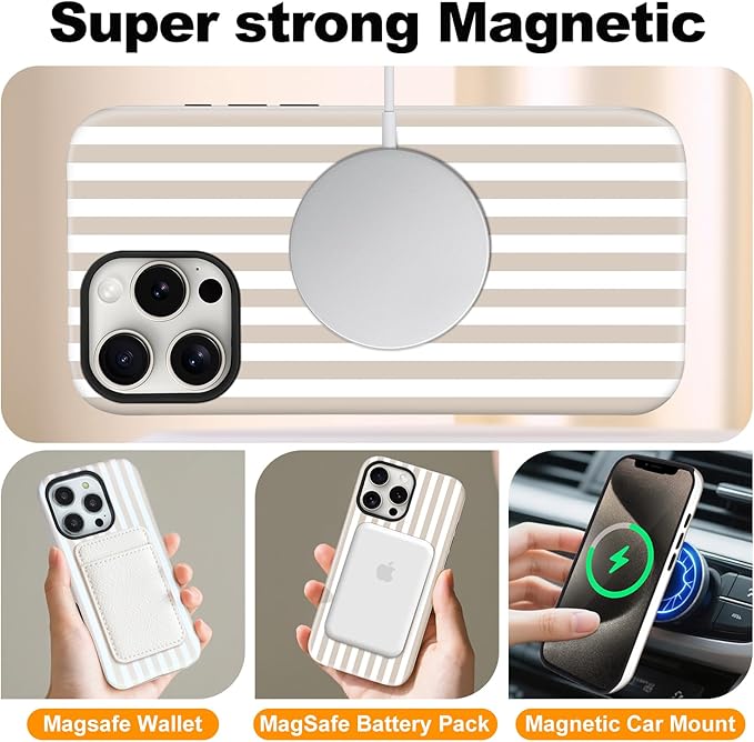 Magnetic for iPhone 16 Plus Case Cute Stripes Phone Case, Shockproof Slim TPU and Hard PC Protective Phone Cover Compatible with MagSafe Designed for Women Girls, Apricot