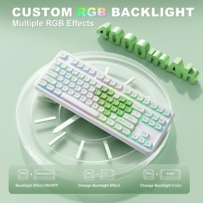 YUNZII B87 Wireless Mechanical Keyboard,QMK/VIA Programmable,TKL Layout 87 Keys,BT/2.4G/USB-C,Hot Swap Gasket Mount RGB Backlit Gaming with Wrist Rest for Win/Mac (Matcha Heart, Cocoa Cream V2)