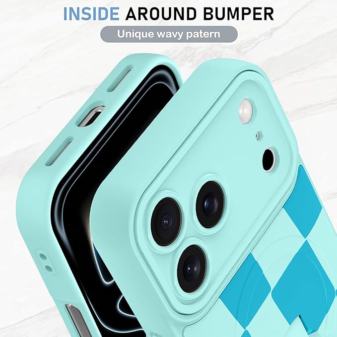 KANGHAR Compatible with iPhone 17 Pro Case, Support for MagSafe, Silicone Checkered Cute Pattern, Wristband Kickstand Camera Protection Soft Slim Cover for Girls Women -Blue