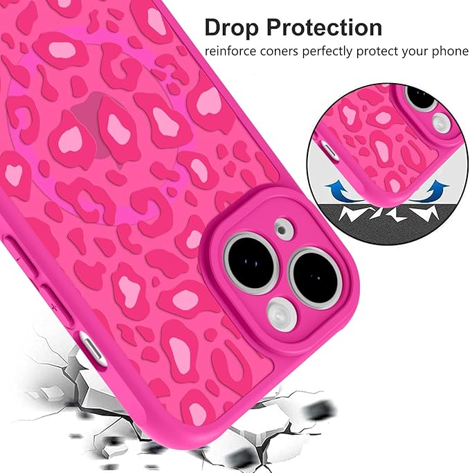 KANGHAR Case for iPhone 13 Hot Pink Leopard Printed Pattern Cute Cheetah [Compatible with Magsafe] Protective Magnetic Case for Girls Women 6.1"