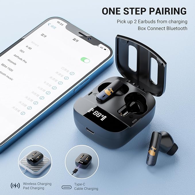 K80 Wireless Earbuds, Bluetooth 5.3 Headphones TWS True Wireless Stereo Earbuds with Wireless Charging Case, 42H Playtime, Auto-Pairing, Lightweight Comfort Fit for iPhone Android