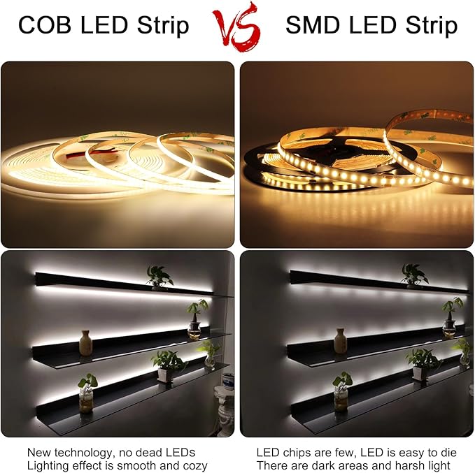 3mm COB Strip Light, DC 12V Golden Yellow 16.4ft Flexible Cuttable Ultra-Thin LED Tape CRI>90 Uniform Dotless 400LEDs/M LED Light for Christmas Bedroom Home Kitchen Cabinet Decor (NO Power Supply)