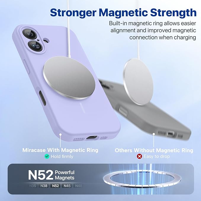 Miracase Magnetic for iPhone 16 Plus Case, [Soft Anti-Scratch Microfiber Lining], Magnetic for MagSafe, Liquid Silicone Shockproof Drop Protection Phone Case for 16 Plus,Light Purple