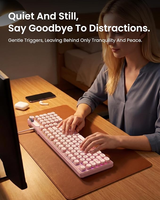 EWEADN V102 Wired Keyboard, 98 Keys Creamy Gaming Keyboard with Number Pad, Display Screen & Media Knob RGB Silent Wired Cute Computer Keyboard for Laptop PC Gamer - Pink