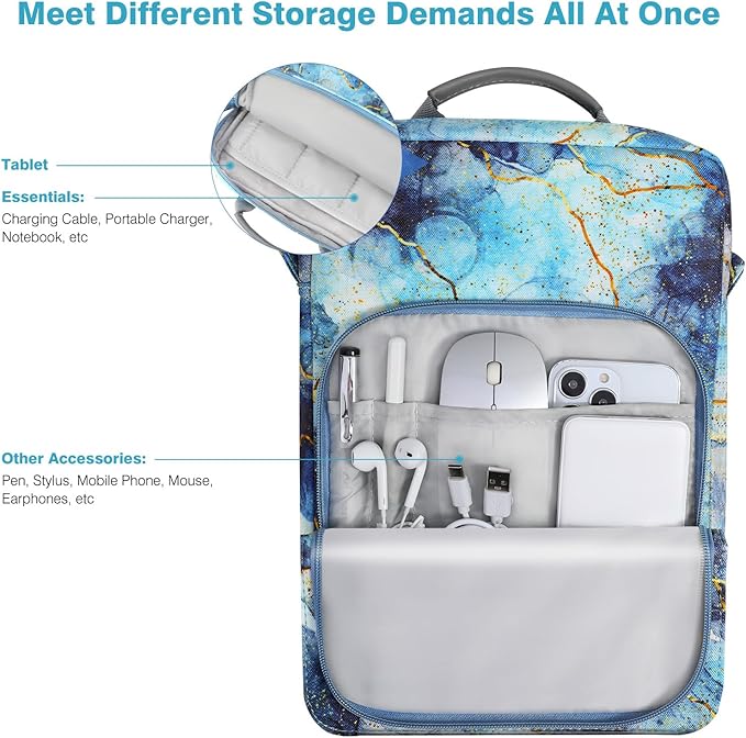 Dadanism 9-11 Inch Tablet Sleeve Bag Carrying Case with Shoulder Strap for iPad (A16) 11", iPad 10th Gen 10.9", iPad Air M4/Pro M5 11", iPad 9/8/7th 10.2", Galaxy Tab A11+ Plus 11", Marble Blue