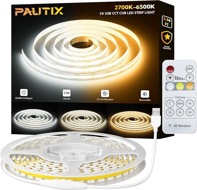 PAUTIX 5V USB COB LED Strip Lights with RF Remote,Dotless LED Lights 2700K-6500K CCT Tunable White Dimmable 6.56ft TV Backlight,Flexible Under Cabinet Tape Light for Bedroom,Kitchen,Shelf DIY Lighting