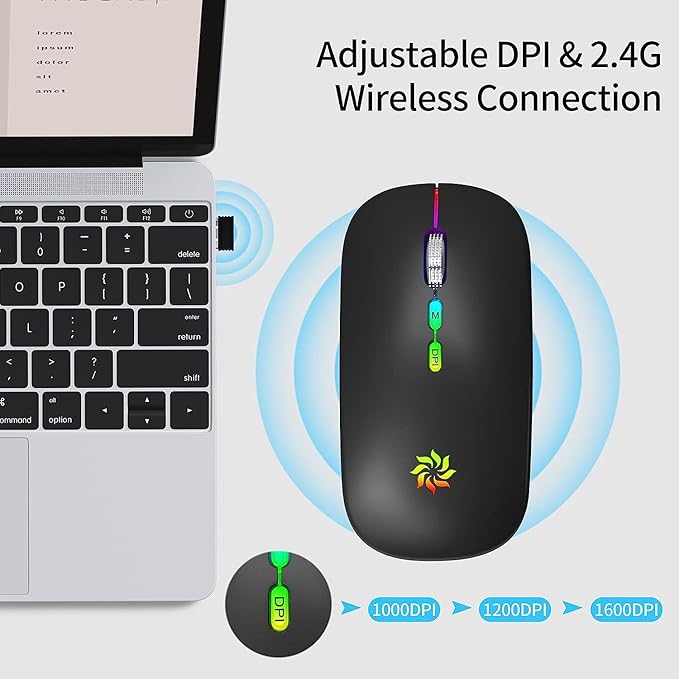 KBCASE Wireless Mouse, LED Wireless Mouse for Laptop, Slim Silent Mouse 2.4G Rechargeable Wireless Computer Mouse for Laptop, MacBook, iPad, Chromebook, with USB & Type-c Receiver
