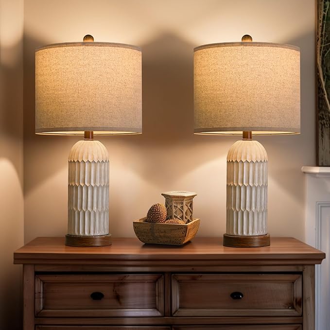 OYEARS 22.5" Bedside Table Lamps Set of 2, Farmhouse Table Lamp with USB A+C Charging Ports,Vintage Nightstand Lamp for Bedrooms and Living Rooms, Retro Resin End Table Lamp, Beige and Brown