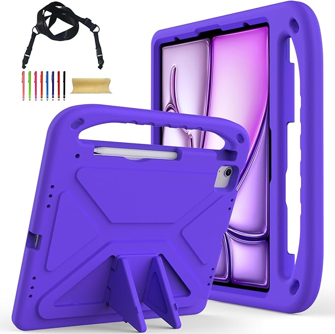 for iPad Air 11" M4 M3 M2 2026 2025 2024 Case for Kids, iPad Pro 11 Inch M5 M4 Case 2025 2024, Soft EVA Handle with Shoulder Strap Stand Cute Kids Friendly Bumper Cover, Purple