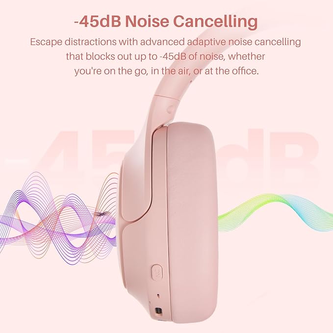 TOZO HT3 Hybrid Noise Cancelling Headphones, 90H Battery Life Wireless Over Ear Bluetooth 6.0 Foldable Headset, AI Voice Assistant with 5 Mics, Connect 2 Devices & Hi-Res Sound, 32 Audio EQ, with Case