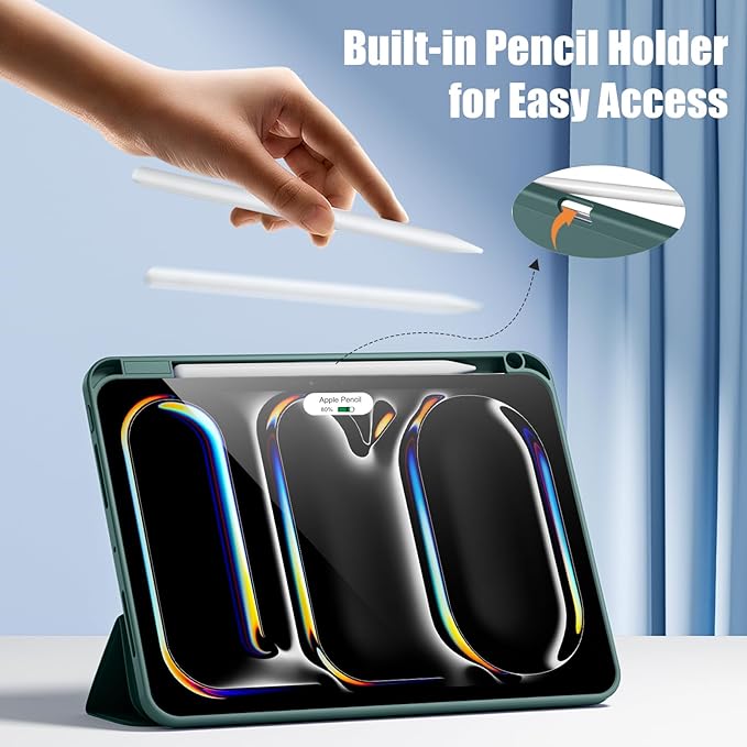 Kidopire New Compatible with iPad Pro 11 Inch Case (M4 2024/M5 2025) with Pencil Holder, Smart Cover with Protective Trifold Stand & Soft TPU Back, Auto Wake/Sleep, Support Pencil Pro, Pine Green
