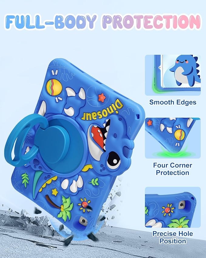 Boaretiu for iPad 6th/5th Gen Case, for iPad Air 2nd/Air 1st/Pro 9.7 inch 2016 Case - Cute Cartoon Silicone Cover with Adjustable Shoulder Strap & Rotating Stand for Kids Boys Girls, Blue Dinosaur