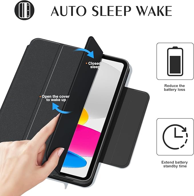 ZENLU iPad 10th 11th Generation Magnetic Case with Removable Folio Cover, Semi-Silicone Leather, Vertical Stand, Clear Back, Smart Sleep/Wake, Full Protective Case for iPad 10 & 11(A16) (Black)
