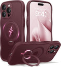CAPRARO for iPhone 15 Pro Case with 360° Spin Magnetic Stand for Women, [Compatible with MagSafe] [Full Camera Protection] Cute Wave Translucent Matte Case for iPhone 15 Pro, Wine Red