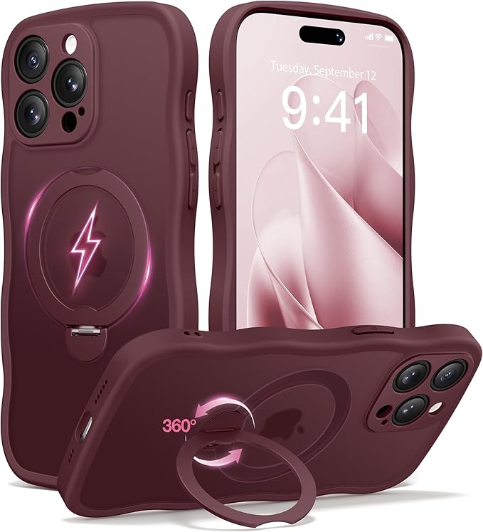 CAPRARO for iPhone 15 Pro Case with 360° Spin Magnetic Stand for Women, [Compatible with MagSafe] [Full Camera Protection] Cute Wave Translucent Matte Case for iPhone 15 Pro, Wine Red