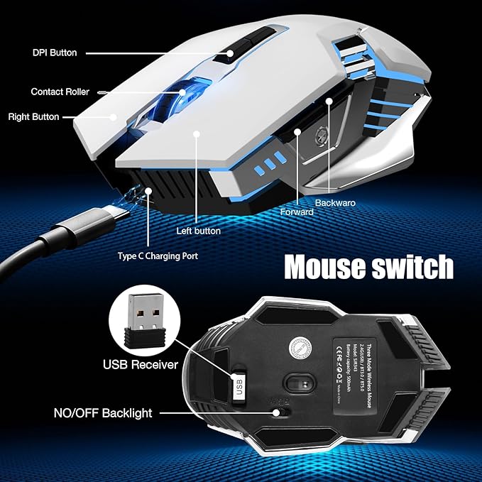Bluetooth Wireless Gaming Mouse, RGB Rechargeable USB Wireless Mouse, Quiet Click, LED Backlit, Ergonomic, with Side Button, DPI Adjustable Computer Mice for Laptop PC MacBook Chromebook - White