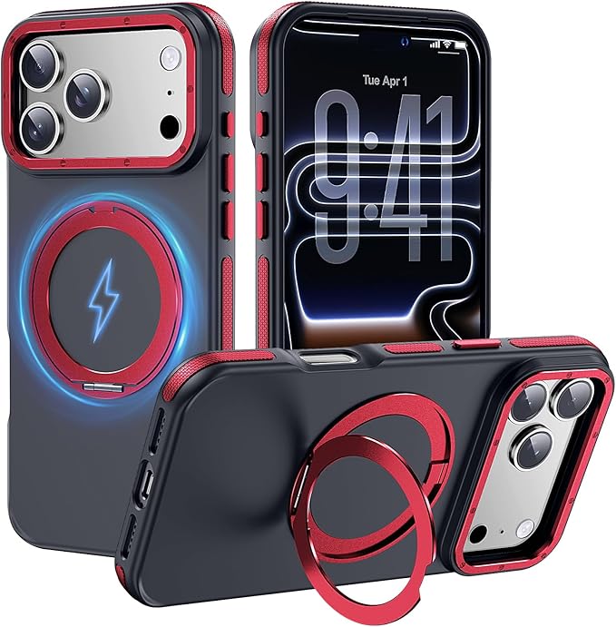 Strong Magnetic Case for iPhone 17 Pro(6.3", 2025) with Stand, Drop-Proof Bumper Cover with Contrast Color Border, Military-Grade Drop Protection, Shockproof Slim Thin Cover,Red