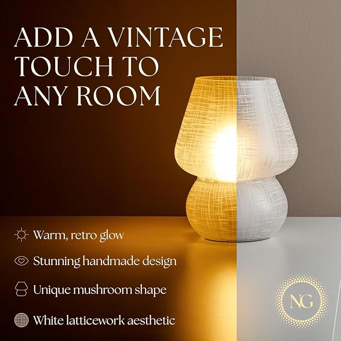 Next Glow Mushroom Lamp – Table Lamp, Modern Dimmable LED Night Light for Bedrooms, Kids Rooms, Bedside Nightstands, Living Room and Kitchen Decor – Pretty Desk Light, E26 Socket w 120V Bulb (White)