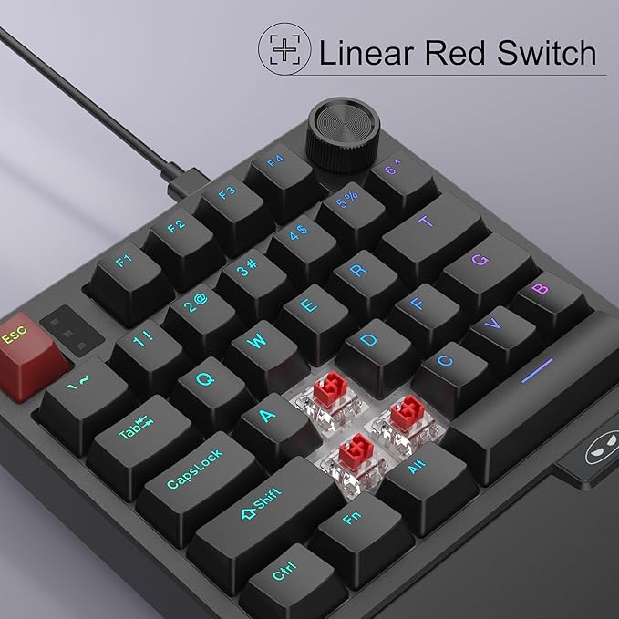 MageGee Wireless One Handed Gaming Keyboard, Tri-Mode BT/ 2.4Ghz RGB Backlit 34 Keys Mini Keyboard for Gamer, Red Switch, Wrist Rest Support(Black)