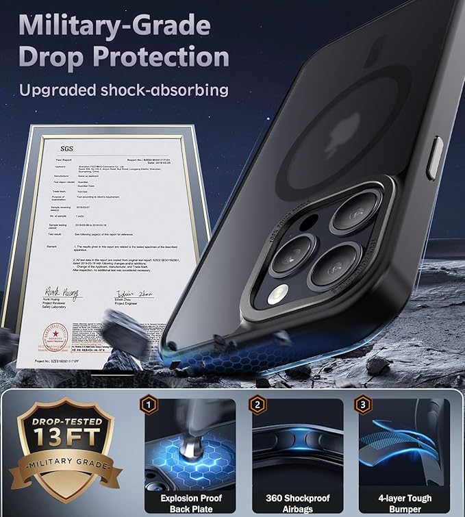 Newfuture Designed for iPhone 13 Pro Max Case with Magnetic [13 FT Military Drop Protection] [Compatible with Magsafe] Slim Translucent Matte Shockproof with Anti-Fingerprint Phone Case, Black