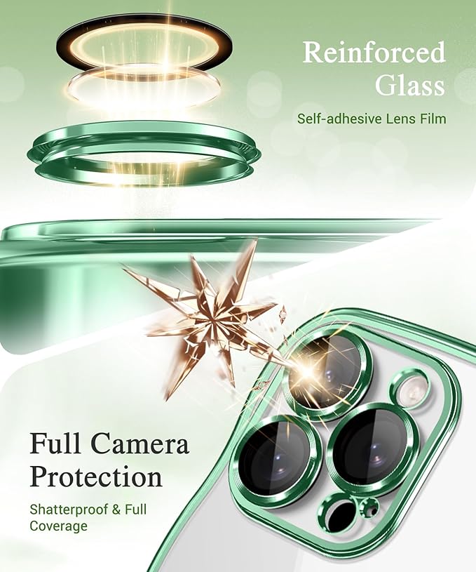 GVIEWIN for iPhone 16 Pro Case Compatible with MagSafe, Upgraded [Full Camera Protection][Cute Wave Frame][Military Grade Protection] Electroplated Soft Phone Cover for Women Girl, Clear/Green