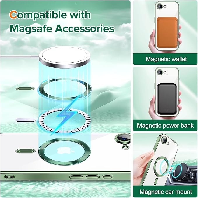 Hython Magnetic Clear for iPhone 16e Case with Camera Lens Protector [Compatible with MagSafe] Luxury Plating Edge Slim Soft TPU Cover Protective Phone Case for iPhone 16e 6.1", Deep Green