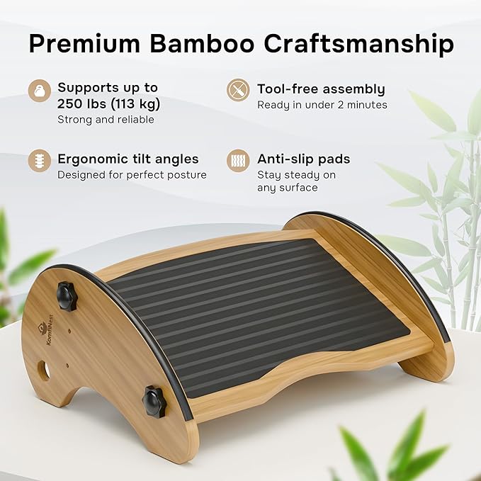 Bamboo Foot Rest for Under Desk at Work, Adjustable Foot Stool, 2-in-1 Reversible Rocking Footrest, Static Leg Rest, 16in Wide Surface, Non-Slip Breathable Pad, Home Office Ergonomic Support at Work