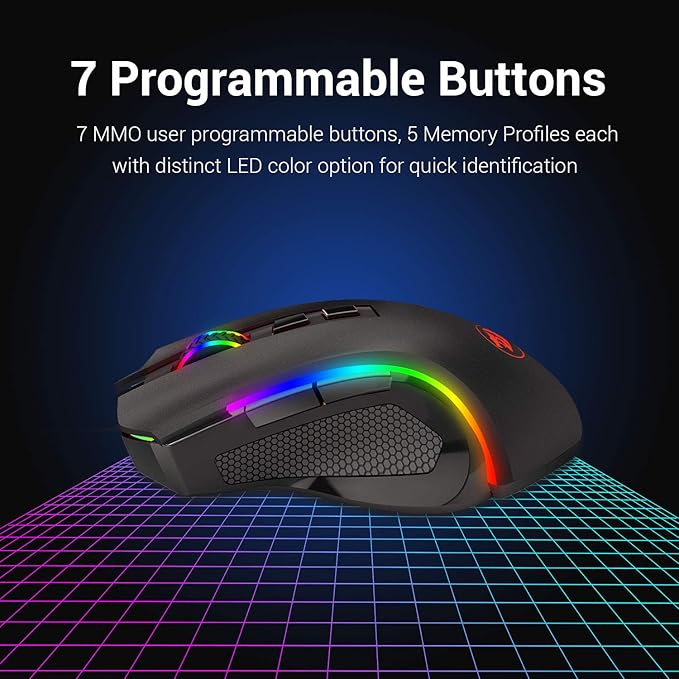 Redragon M602 Griffin RGB Gaming Mouse, RGB Spectrum Backlit Ergonomic Mouse with 7 Programmable Backlight Modes up to 8000 DPI for Windows PC Gamers (Black, Wireless)
