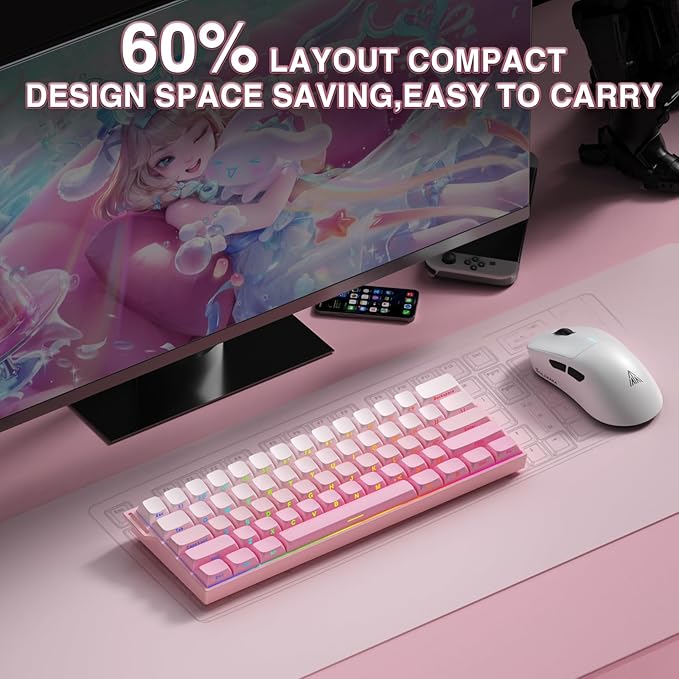 Aula MINI60 HE PRO Wireless Gaming Keyboard 60%,Hall Effect Rapid Trigger Magnetic Keyboard,8000Hz Polling,Tri-Mode(BT5.0/2.4GHz/USB-C),RGB Hot Swappable Compact Pink Mechanical Keyboard for Gamer