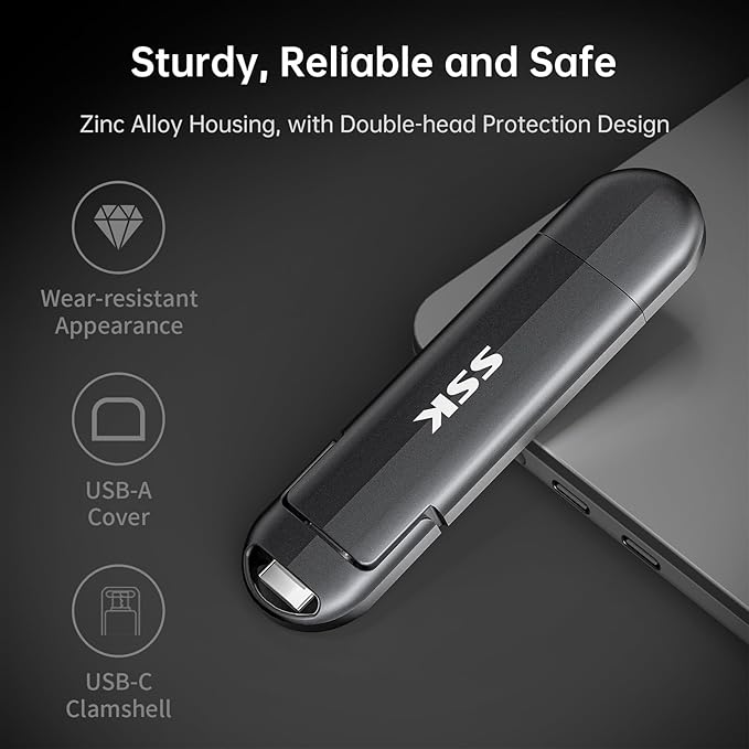 SSK 2TB Dual USB C Flash Drive, 2-in-1 Type C+USB A 3.2 Gen2 External Solid State Thumb Drive,Speed Up to 550MB/s Memory Stick Data Storage for iPhone 15/16/17/Android Phone/Tablet/MacBook/Windows