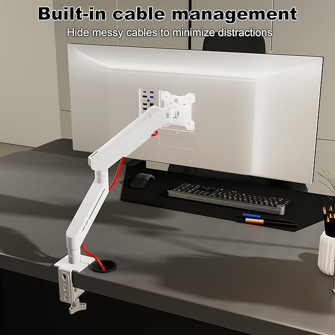 THEARK Single Monitor Desk Mount 17"-32" Screens - Adjustable Gas Spring Monitor Arm Computer Monitor Stand up to 19.8 lbs,VESA Arm Desk Mount with C-Clamp and Grommet Base,VESA 75x75/100x100mm,White