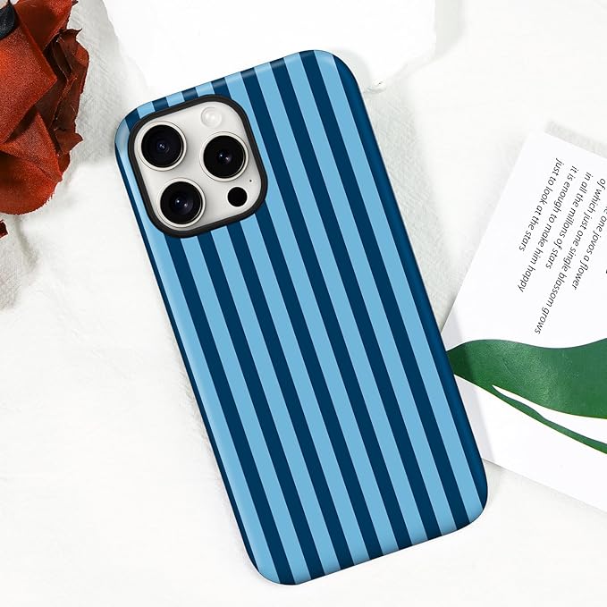 Magnetic for iPhone 16 Pro Max Case Cute Stripes Phone Case, Shockproof Slim TPU and Hard PC Protective Phone Cover Compatible with MagSafe Designed for Women Girls, Lake Blue