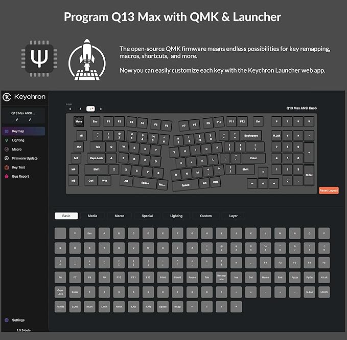 Keychron Q13 Max Alice Layout QMK Wireless Custom Ergonomic Mechanical Keyboard with 3-Mode BT5.2/2.4GHz/USB-C, Hot Swappable PBT Keycaps, RGB Backlight, Red Switch & Knob for MacOS & Windows, Q13M-M1