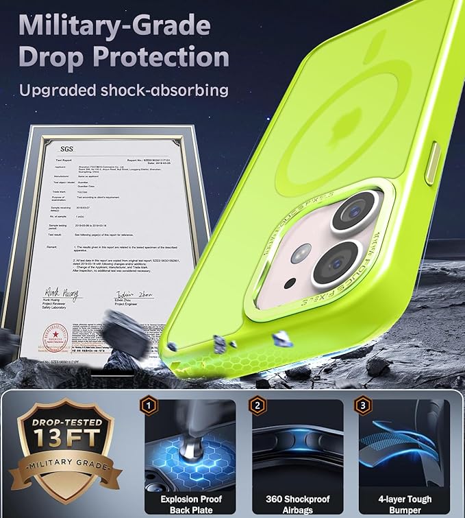 Newfuture Designed for iPhone 12 Case/iPhone 12 Pro Case with Magnetic [13 FT Military Drop Protection] [Compatible with Magsafe] Slim Shockproof with Anti-Fingerprint Phone Case, Fluorescent Green
