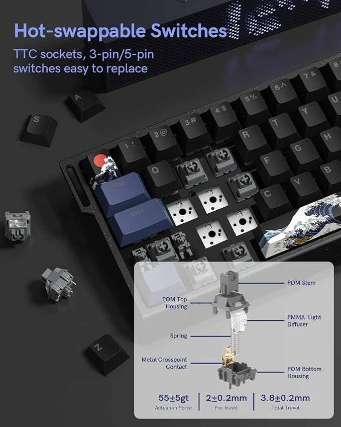 SK68 65% Gaming Keyboard, Wired Backlit Mini Keyboard w/100% Hot-Swap Socket 68 Keys Aluminum Gaming Wired Keyboard for PC Laptop Game