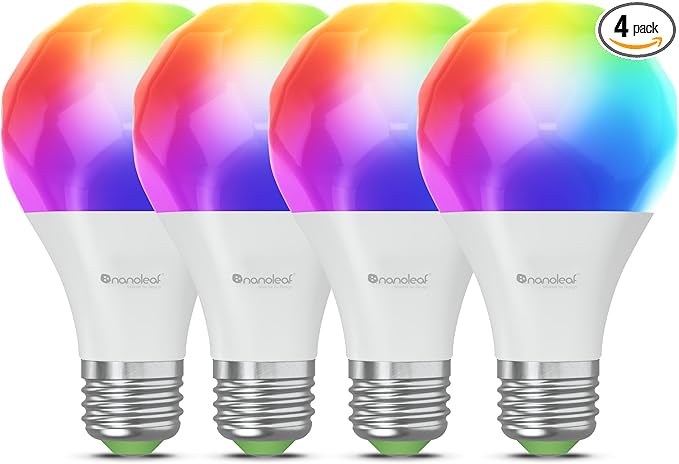 Nanoleaf Essentials Smart Light Bulbs, Matter Smart LED Bulbs Work with Alexa & Google Home, 1000lm 16M+ RGBTW Color Changing Light Bulb, Music Sync A19 E26 2.4GHz WiFi Bluetooth Light Bulb 60W, 4PK
